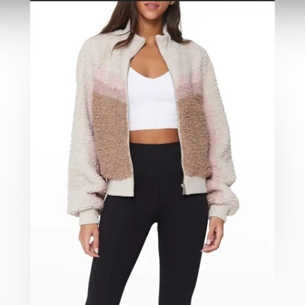 Spiritual Gangster Sherpa Stripe Fuzzy Bomber Crop Jacket - Picture 1 of 10